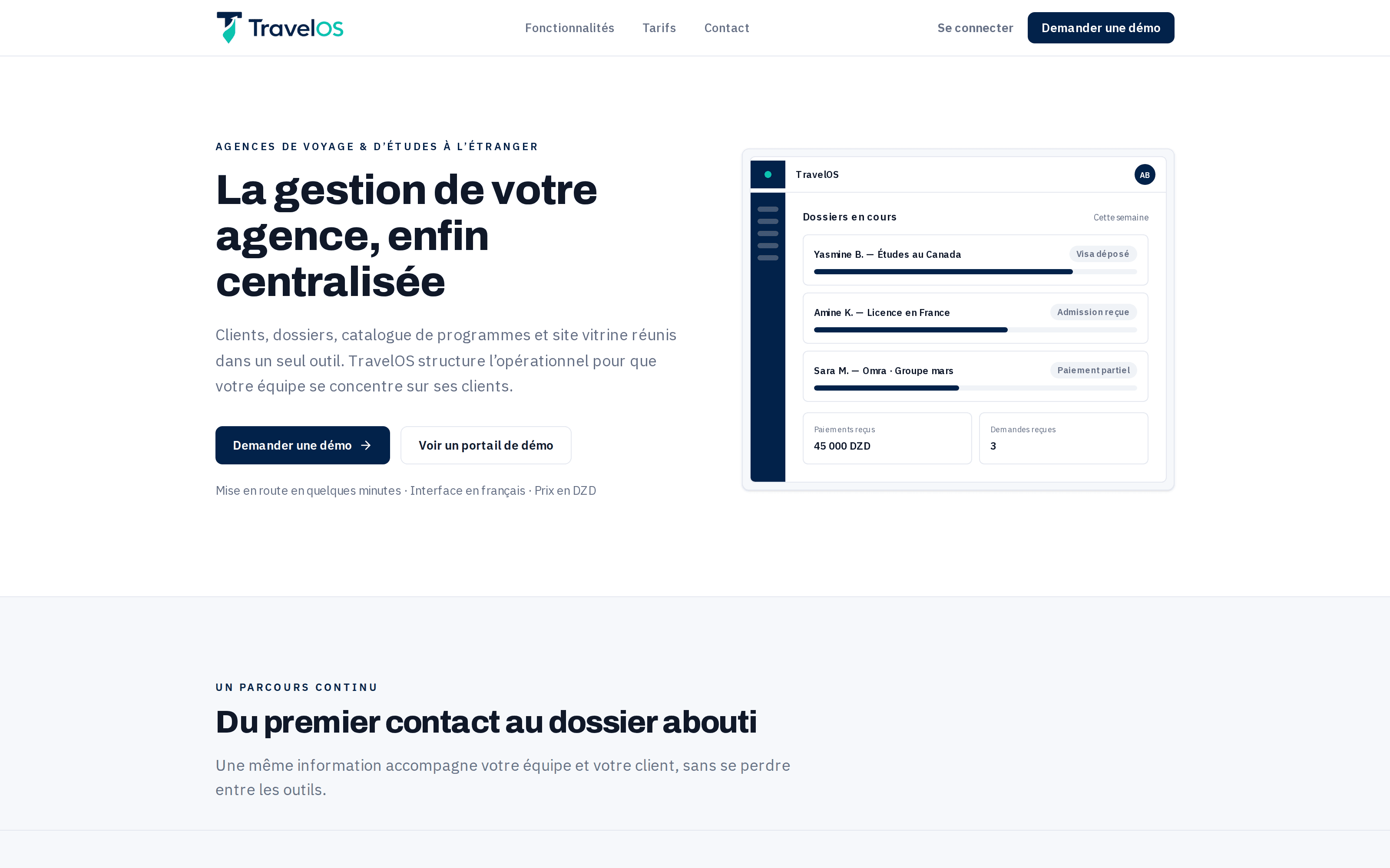 The TravelOS marketing home page — "La gestion de votre agence, enfin centralisée" beside a mock agency dashboard showing case progress and payments in dinars.